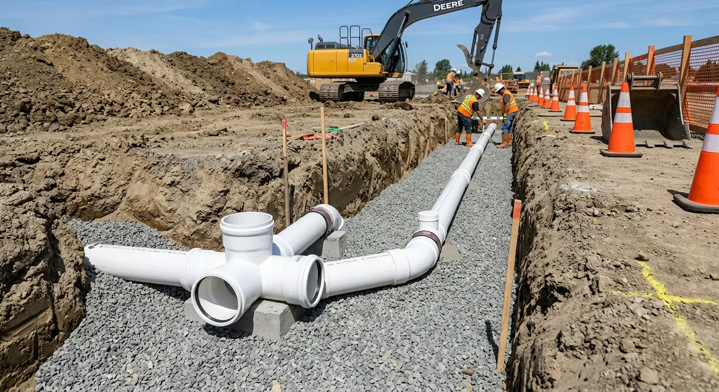 New PVC sewer pipe installation in open trench for Sewer Backup in Tonawanda