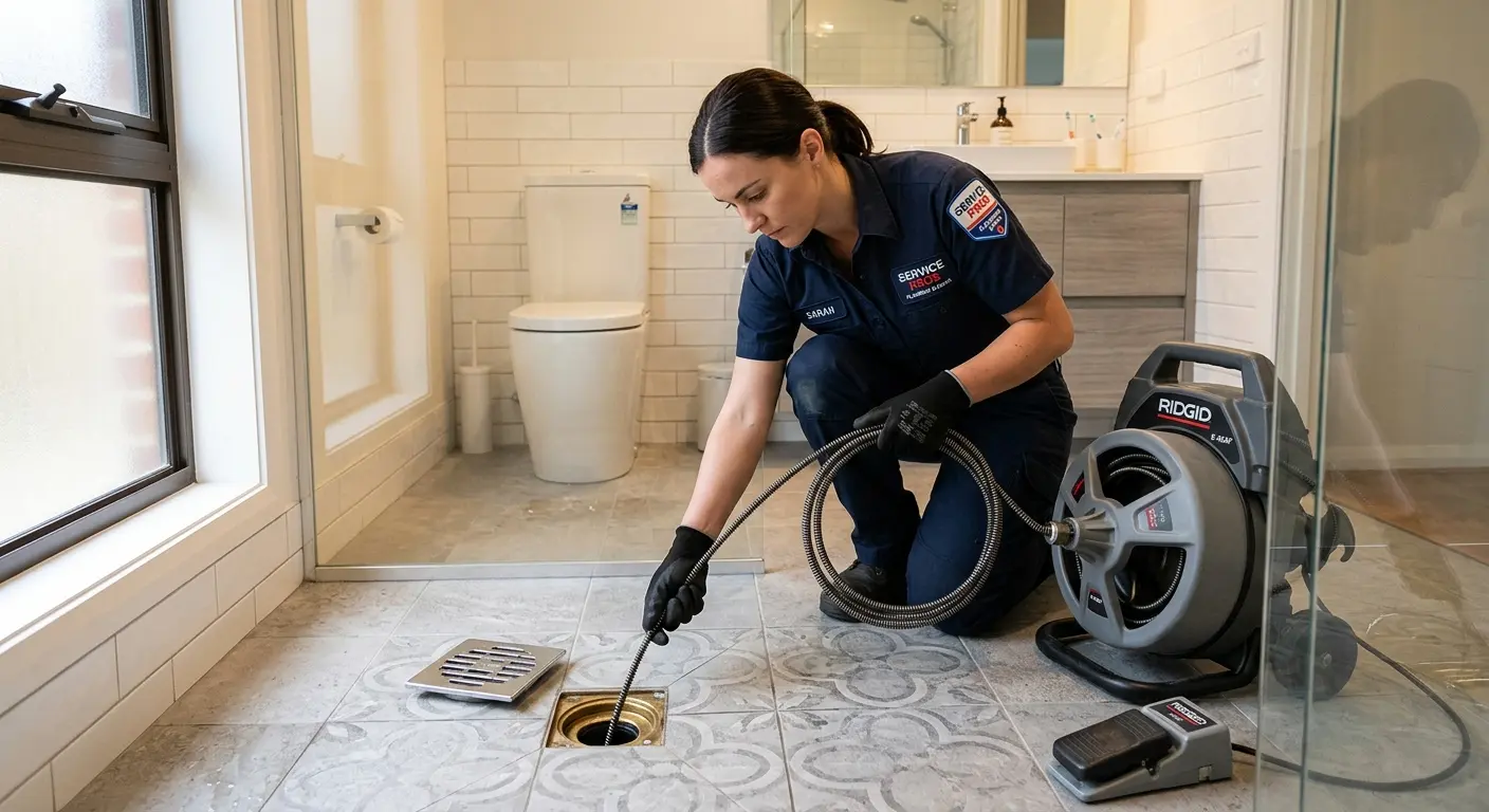 Technician clearing a bathroom floor drain for Hydro Jetting in Tonawanda